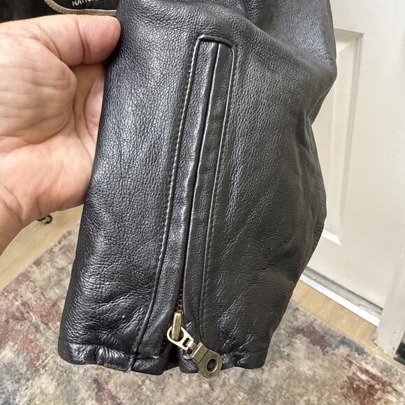 Men’s Leather MotoCross Racing Jacket Size L Black/Gold Patches Zip Front - Picture 9 of 14